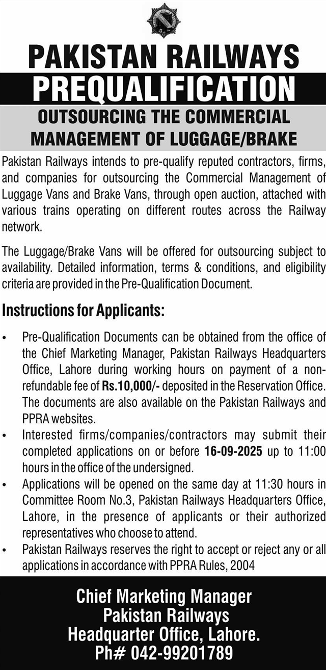 Pakistan Railways Lahore Tender Notice